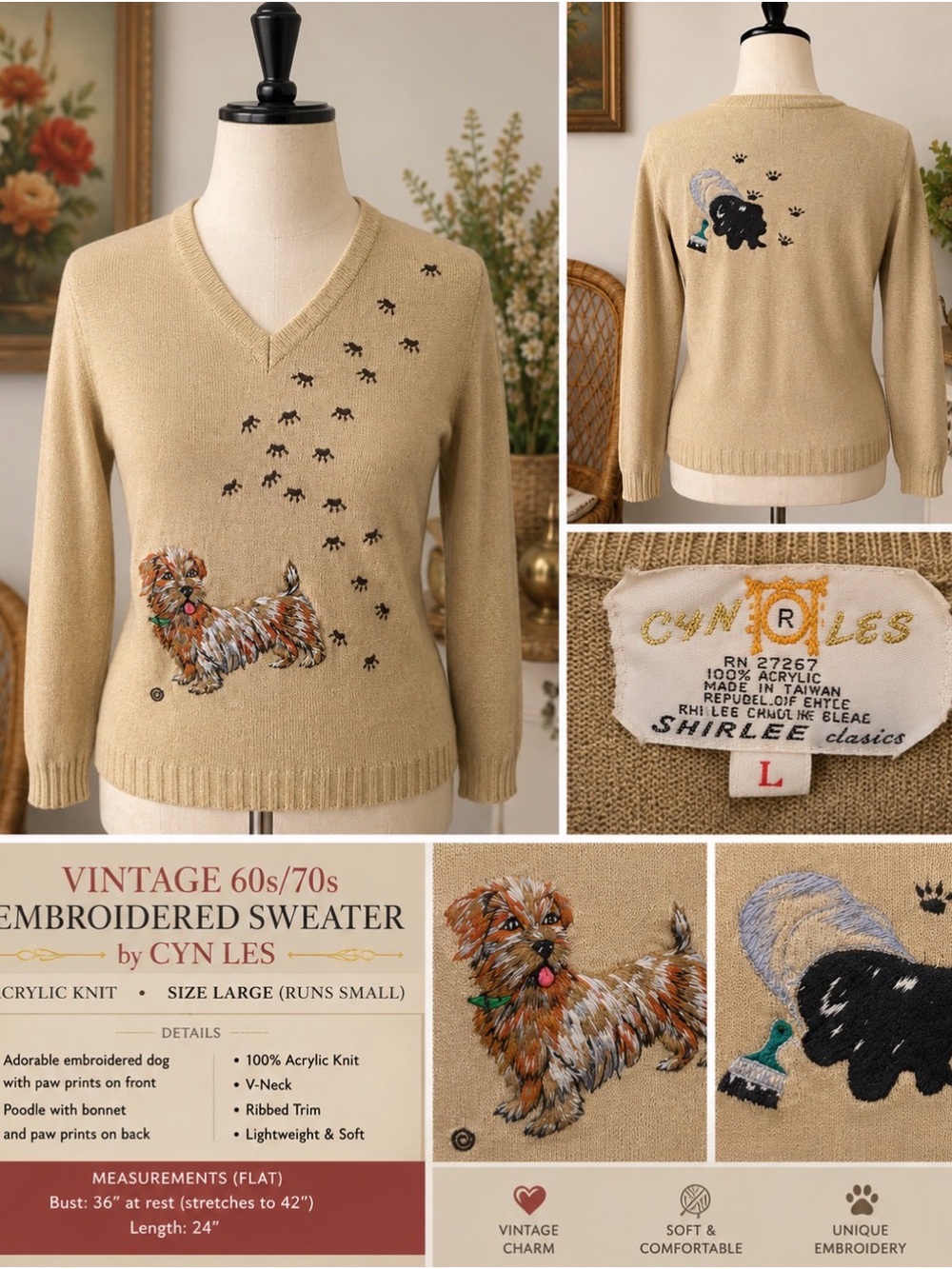 Vintage - CynLes -Embroidered Dog V-Neck Sweater — Tan